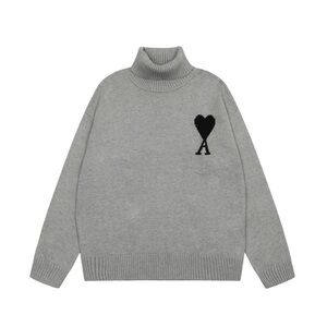 Ami Gray Turtleneck Sweater with Black Heart Logo